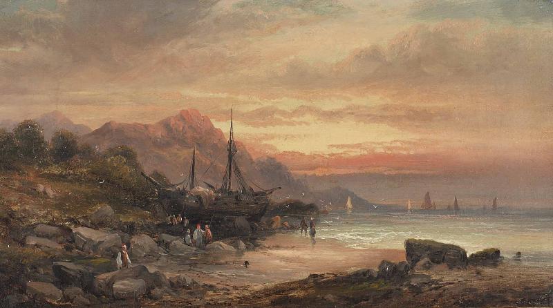 William Tomkins Coastal scene with islet and fishing folk